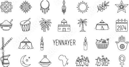 Yennayer Amazigh New Year celebration line art icons set. Traditional Berber symbols, cultural elements, and festive illustrations.