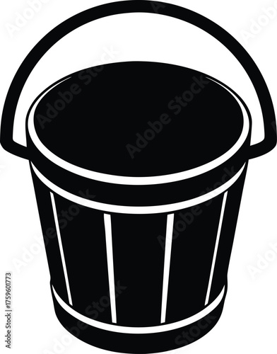 Rustic wooden bucket with a shiny metallic rim perfect for farm or vintage themes