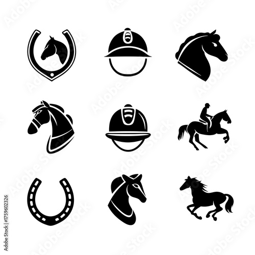 Equestrian Sports Icon Set: Black vector silhouettes of horse heads, rider, horseshoe, and jockey helmets for racing and riding.