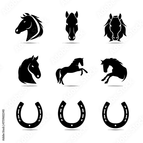 Collection of black horse silhouettes and horseshoe icons. Vector graphics for equestrian design, animal symbols, and racing concepts.