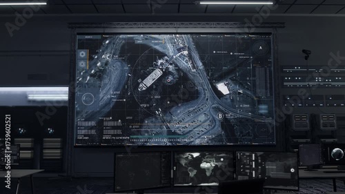 Spy location tracking scanner analysing the designated area. Spy drone scanner looking for the target location from the sky. Spy scanner system finds the exact location of the enemy ship in port