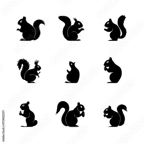 Set of nine black squirrel silhouettes, cute woodland animal icons in various active poses, some holding nuts, vector illustration.