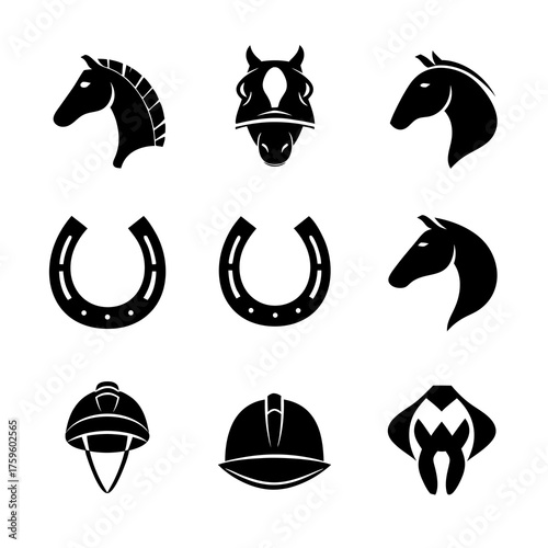 Vector black silhouette equestrian icons set with horse heads, horseshoes, riding helmets, jockey caps, and stable equipment.