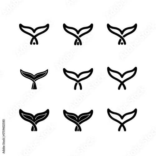 Set of minimalist black and white whale tail and mermaid tail vector icons. Abstract marine ocean animal fin graphic designs.