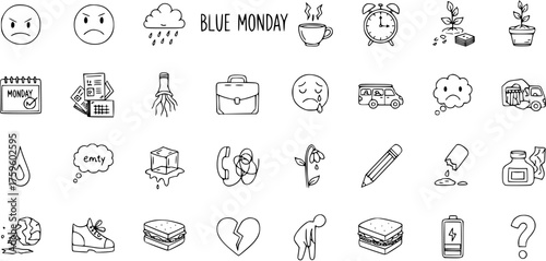 Blue Monday and Mental Health Hand Drawn Doodle Icons Set. Vector Illustrations of Sadness, Stress, Depression, and Daily Struggles on a White Background.