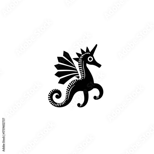 Black silhouette of a mythical winged seahorse with a unicorn horn. Fantasy sea creature icon for graphic design.
