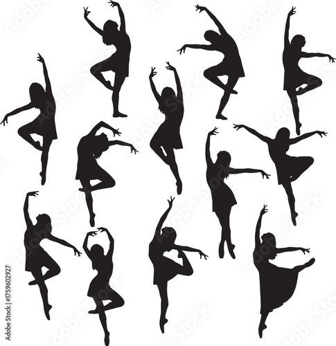 Female dancer silhouettes set, ballet and contemporary dance poses, elegant movement vector.