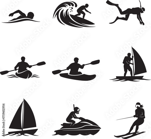 Water sports silhouettes set, swimming, surfing, diving, kayaking, SUP, sailing, jetski, snorkeling, waterski vector.