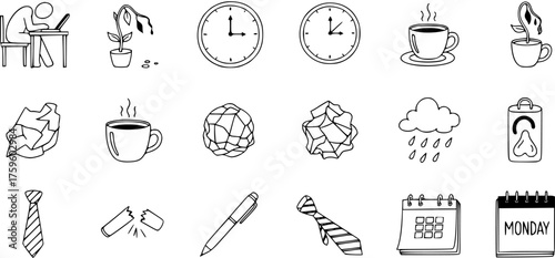 Hand-drawn doodle vector icons depicting office stress, work burnout, time management, and daily routine challenges