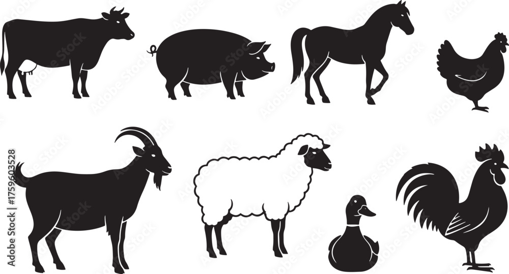 Fototapeta premium Farm animals silhouettes set, cow, pig, chicken, sheep, horse, goat, duck, rooster vector.