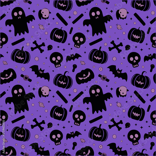 seamless Halloween pattern on a vivid purple background, filled with black silhouette icons including cute ghost shapes, skulls, crossbones,