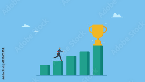Motivated businessman running on growing bar graph to catch winner trophy. Motivation to drive success, achievement or reward motivate employee to improve and succeed, benefit, prize award.