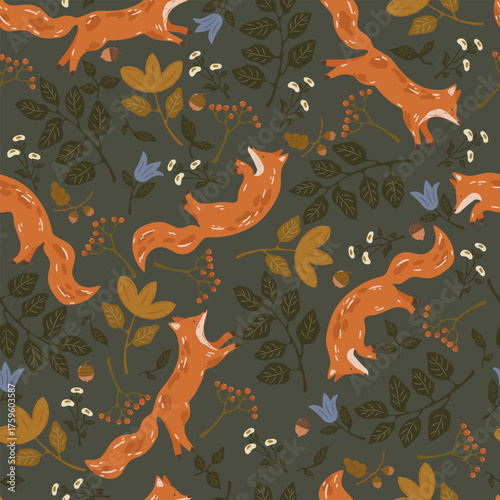 Seamless pattern with orange hand drawn foxes, plants, flowers, and acorns, fall pattern. Vector illustration with animals and plants.