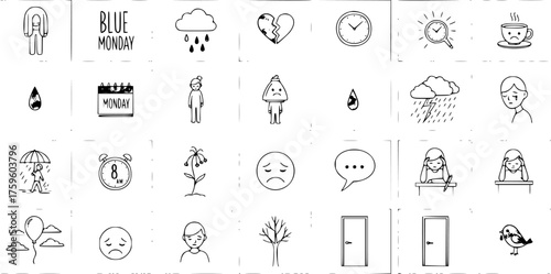 Blue Monday Doodle Icons Collection: Hand-Drawn Symbols of Sadness, Depression, Stress, Bad Weather, and Time Management Challenges