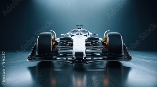 Sleek racing car positioned in a studio setting, showcasing its aerodynamic design and glossy finish during a photo shoot