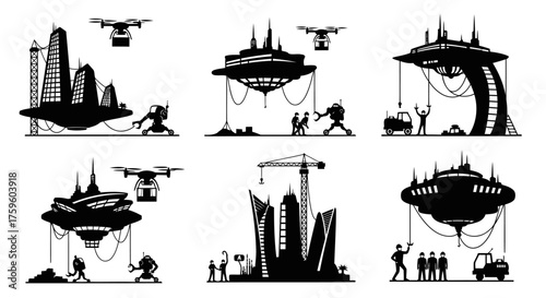 Urban Development Silhouettes Workers Drones and Robots Constructing Futuristic Cityscapes