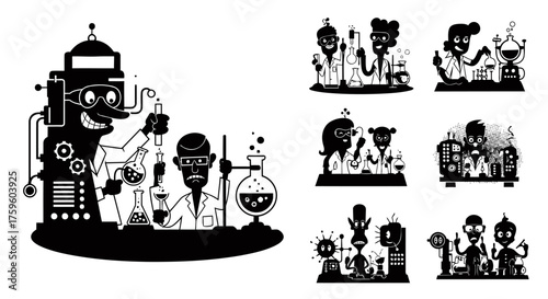 Scientists Chemists Laboratory Work Experiments Silhouettes Set Collection