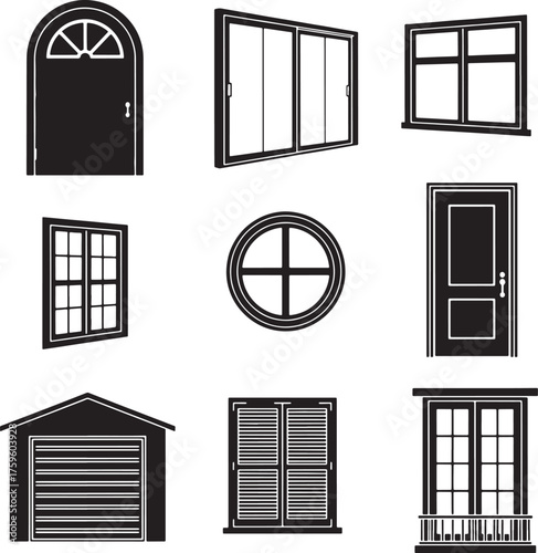 Windows and doors icons set, arched door, sliding window, sash, garage, balcony, shutters vector.