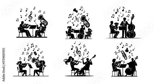 Symphony Orchestra Silhouettes Musicians Playing Various Instruments with Musical Notes