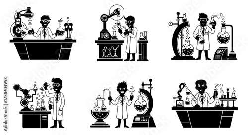 Scientists conducting experiments with complex laboratory apparatus in diverse settings