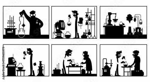 Silhouette laboratory scientists conduct experiments collection set illustration vector graphic design