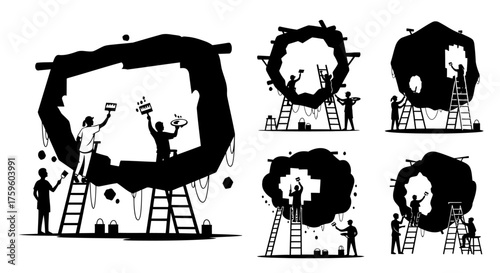 People painting wall silhouette collection set, artists working creative process vector illustration