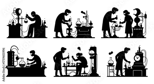 Scientists conducting laboratory experiments silhouette collection, chemical research vector set