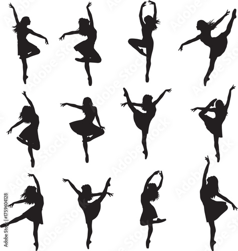 Female dancer silhouettes set, ballet and contemporary dance poses, elegant movement vector.