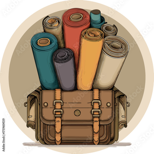 Vintage illustration of a satchel bag overflowing with colorful fabric rolls, perfect for sewing, crafting, and textile design projects