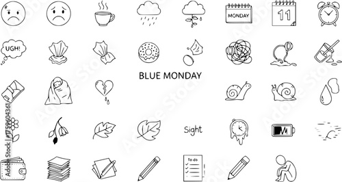 Blue Monday Sadness Doodle Icons Set. Hand-drawn illustrations depicting melancholy, depression, work stress, and winter blues concepts.