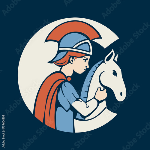 Illustrative warrior character on horseback, wearing a helmet and cape, in a classic vintage style. Noble hero riding a steed.