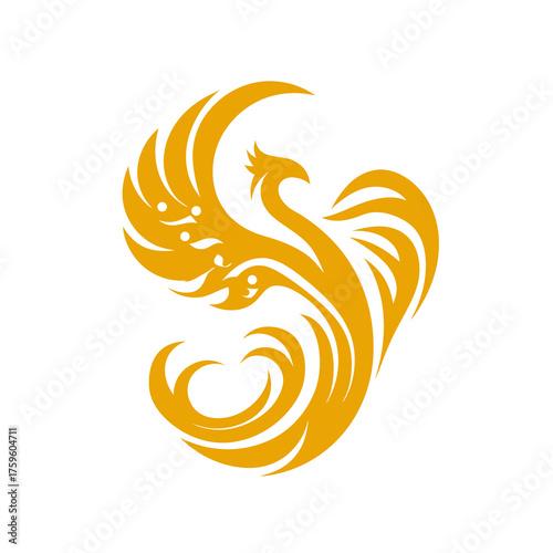 Golden phoenix illustration, mythical bird symbol of rebirth, power, and immortality, isolated on a clean white background. Elegant fantasy art.