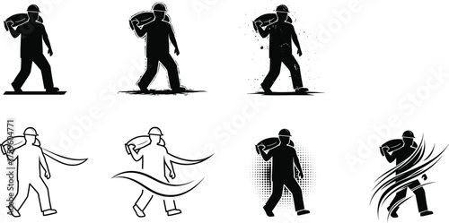 Construction worker silhouette vector set, builder carrying cement bag, industrial labor illustration, strong worker icon, flat vector design