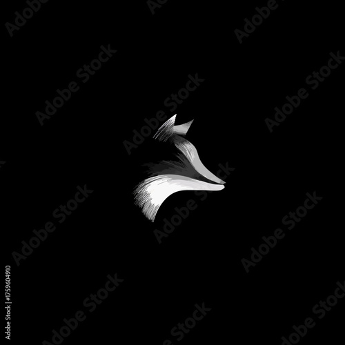 Modern Abstract Fox Head Illustration. Stylized Black and White Animal Graphic with Textured Brush Strokes on Dark Background.