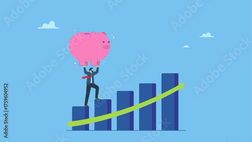 Confident businessman investor hold wealthy pink piggy bank walking up rising green arrow stock market bar graph. Growth stock, prosperity economic or growth return in savings and investment.