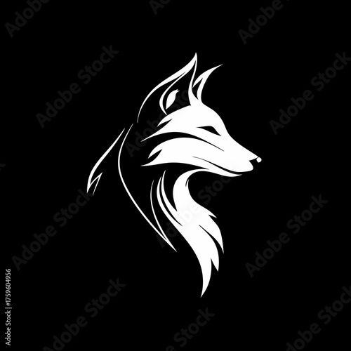 Minimalist fox head profile illustration in white on black. Modern, elegant vector graphic design for logos and emblems.