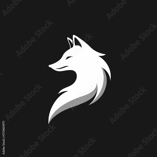 Modern minimalist white fox head illustration. Elegant vector graphic of a wild animal profile on a dark background, ideal for logos.