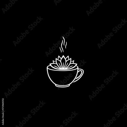 Serene minimalist line art illustration of a white lotus flower blooming in a steaming cup, symbolizing peace, wellness, and mindful tea.