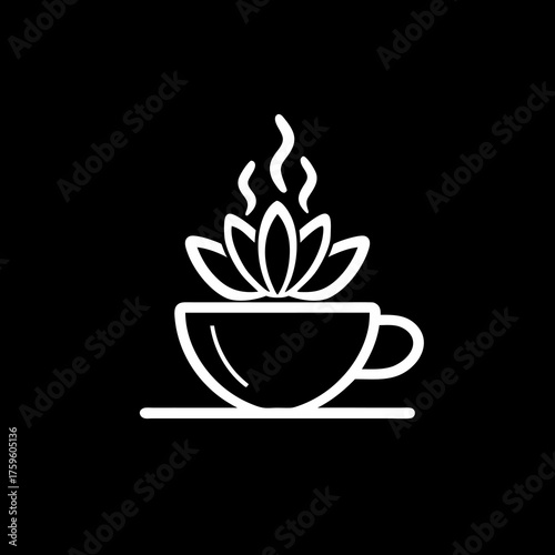 Minimalist white line art icon of a steaming lotus flower in a teacup, representing tranquility, wellness, and healthy beverages.