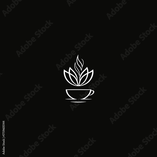 Minimalist white line art illustration of a teacup with a blossoming lotus flower emitting steam on a black background, symbolizing wellness and relaxation.