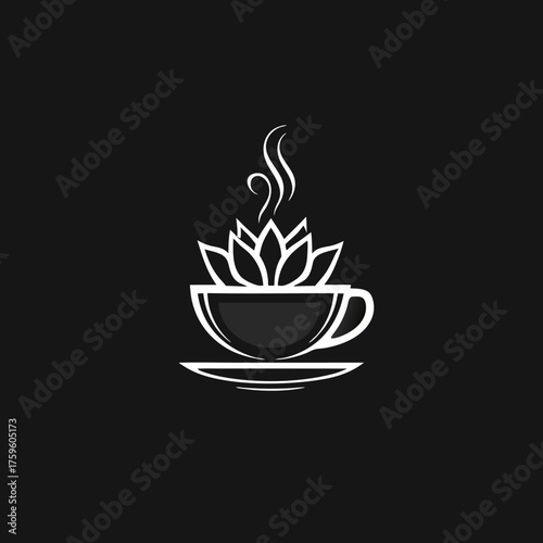 Elegant lotus flower in a steaming coffee cup on a black background. Minimalist design symbolizing organic wellness, relaxation, and tea or coffee.