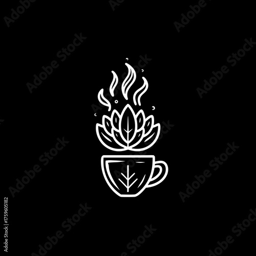 Elegant line art of a hot herbal tea cup with a blooming lotus flower and rising steam, symbolizing nature, organic wellness, and relaxation.