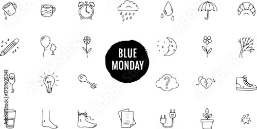 Hand-drawn Blue Monday concept with doodle icons illustrating depression, sadness, stress, and motivational challenges for the first day of the week.