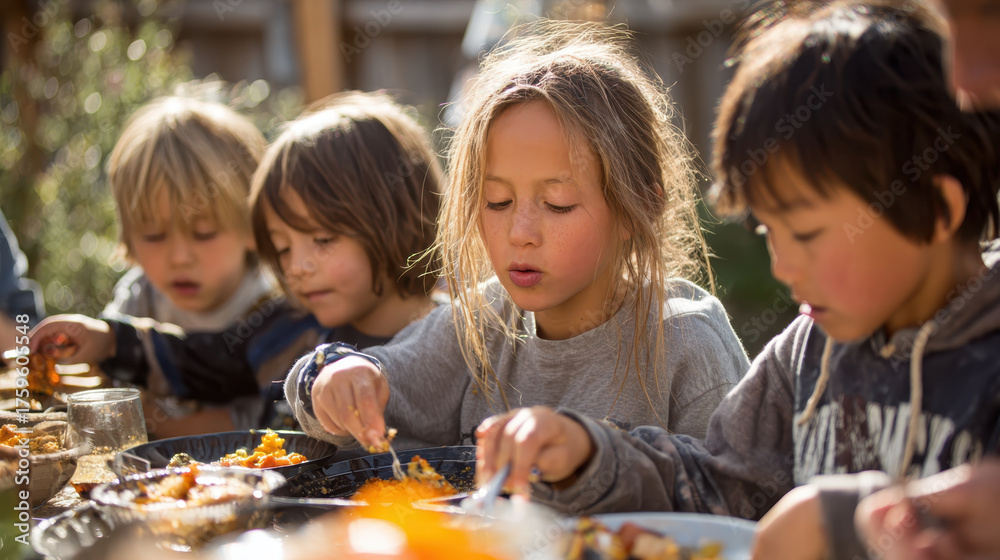 custom made wallpaper toronto digitalChildren enjoying meal together outdoors, sharing food and laughter in warm, sunny setting. scene captures sense of community and joy among young friends