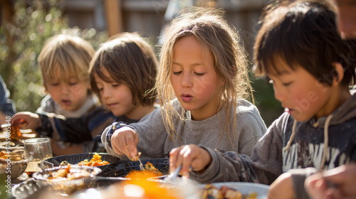 Wallpaper Mural Children enjoying meal together outdoors, sharing food and laughter in warm, sunny setting. scene captures sense of community and joy among young friends Torontodigital.ca