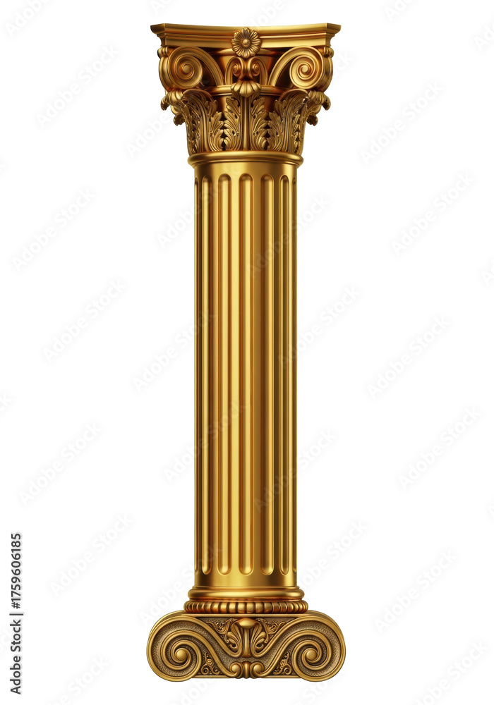 Fototapeta premium Straight Fluted Golden Ionic Column With Ornate Base For Classical Architectural Rendering