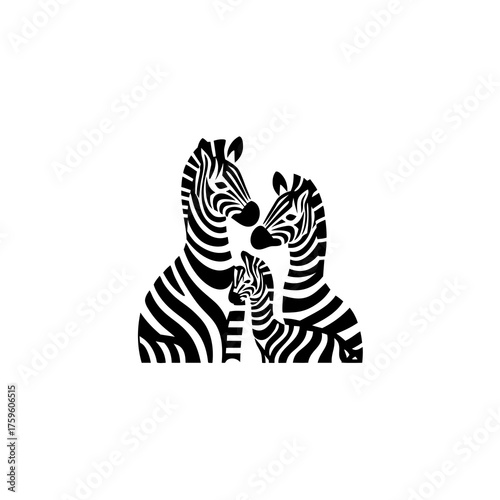 Stylized black and white graphic illustration featuring a zebra family with parents and baby, depicting wildlife, love, and unity.