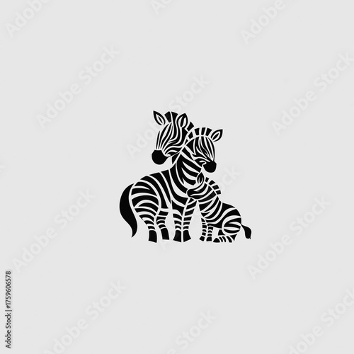 Black and white stylized zebra family illustration. Mother and baby zebra cuddling, showing love and protective bond. Cute animal graphic vector art.