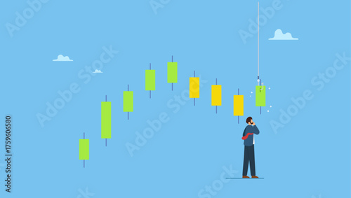 Businessman trader thinking while analyze green graph with fishing bait. Candlestick signal to buy or sell in crypto trading or stock market, analyze data, chart and graph to make profit.