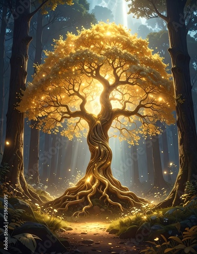 Majestic golden-leaved tree radiates light in a mystical forest, with sunbeams streaming through the canopy, enhancing the enchanting scene